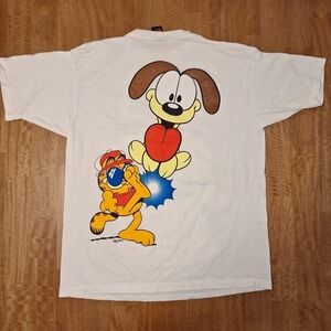 Vintage XL Single Stitch 90's Y2K Garfield Odie T-Shirt White Sun Jim Davis